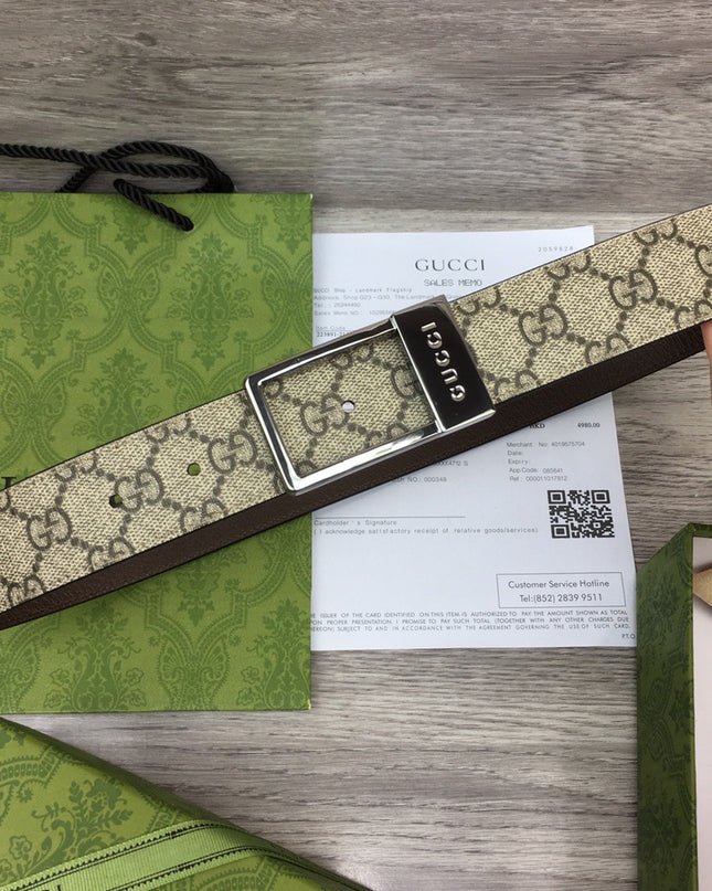 Gucci Canvas Belt – Silver Rectangular Engraved Buckle