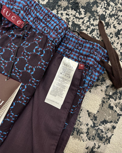 Gucci GG Jacquard Gingham Drawstring Shorts in Blue & Burgundy