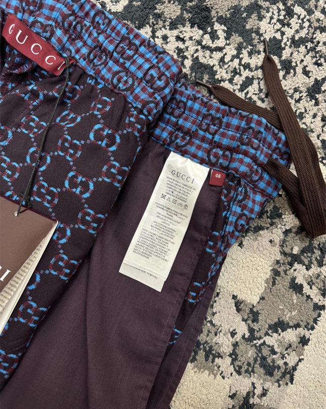 Gucci GG Jacquard Gingham Drawstring Shorts in Blue & Burgundy