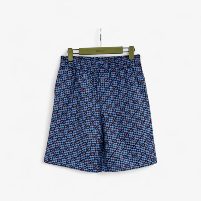 Gucci GG Jacquard Gingham Drawstring Shorts in Blue & Burgundy