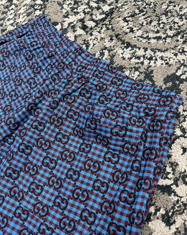 Gucci GG Jacquard Gingham Drawstring Shorts in Blue & Burgundy