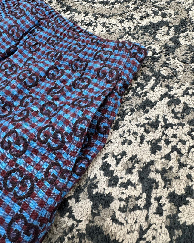 Gucci GG Jacquard Gingham Drawstring Shorts in Blue & Burgundy