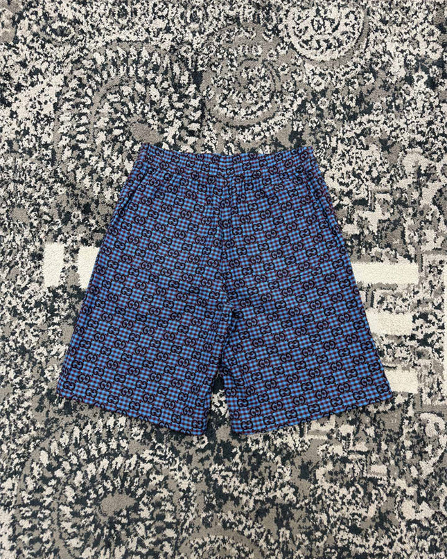 Gucci GG Jacquard Gingham Drawstring Shorts in Blue & Burgundy