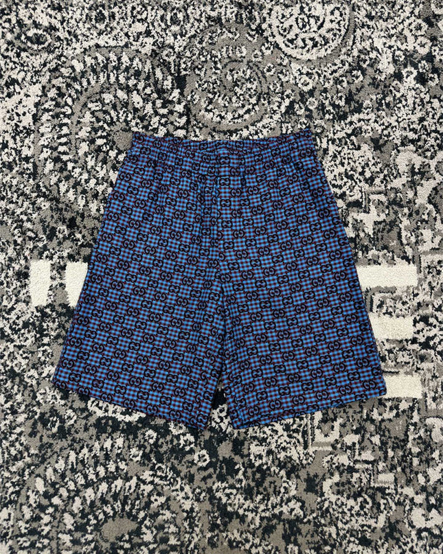 Gucci GG Jacquard Gingham Drawstring Shorts in Blue & Burgundy