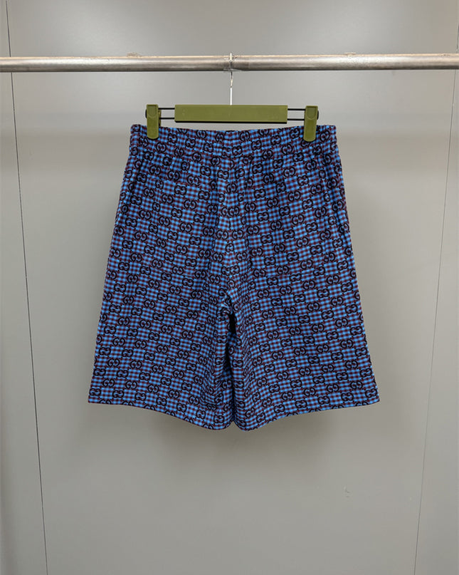 Gucci GG Jacquard Gingham Drawstring Shorts in Blue & Burgundy