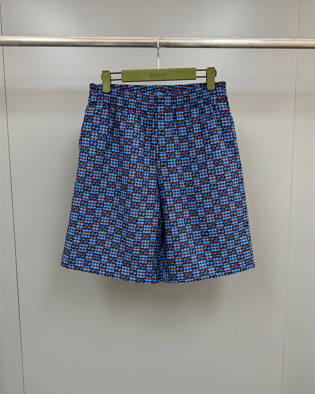 Gucci GG Jacquard Gingham Drawstring Shorts in Blue & Burgundy