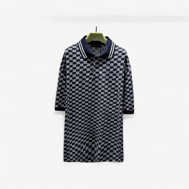 Gucci GG Jacquard Knit Polo Dress in Navy