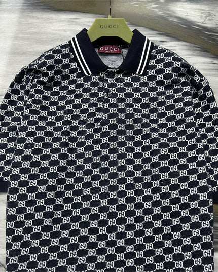 Gucci GG Jacquard Knit Polo Dress in Navy