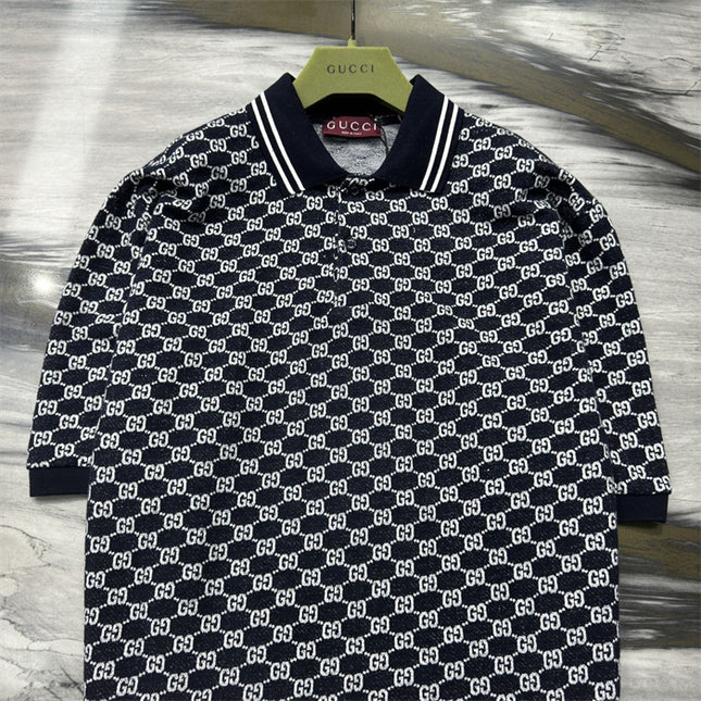 Gucci GG Jacquard Knit Polo Dress in Navy