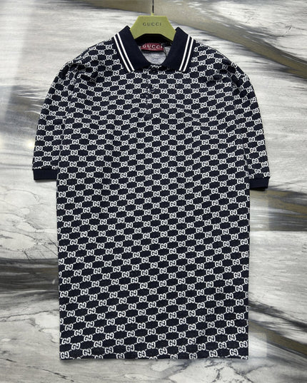 Gucci GG Jacquard Knit Polo Dress in Navy