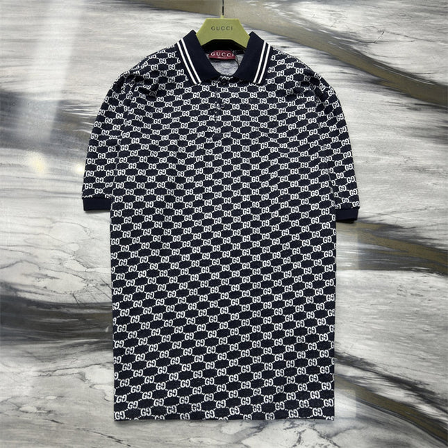 Gucci GG Jacquard Knit Polo Dress in Navy