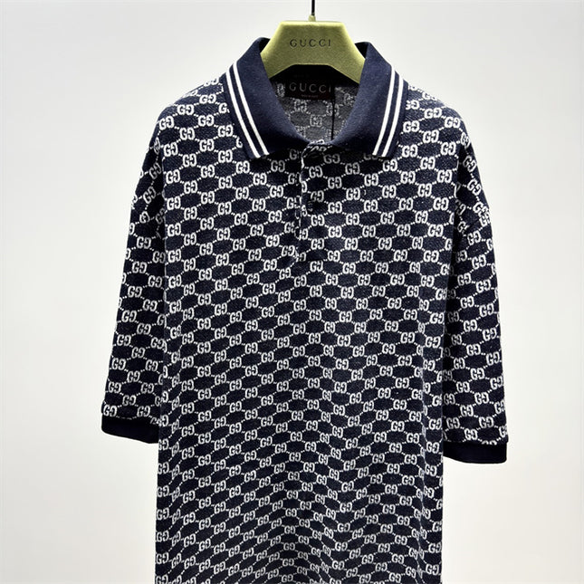 Gucci GG Jacquard Knit Polo Dress in Navy