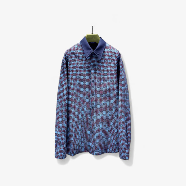 Gucci GG Jacquard Long Sleeve Shirt Sweaters – Navy-Violet Check
