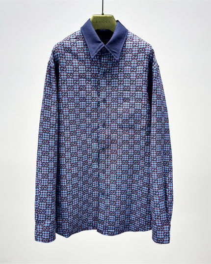 Gucci GG Jacquard Long Sleeve Shirt Sweaters – Navy-Violet Check