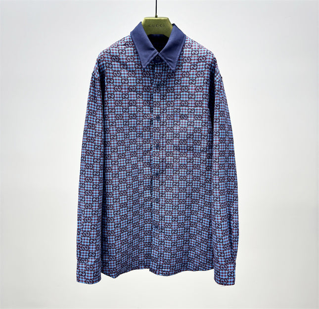 Gucci GG Jacquard Long Sleeve Shirt Sweaters – Navy-Violet Check