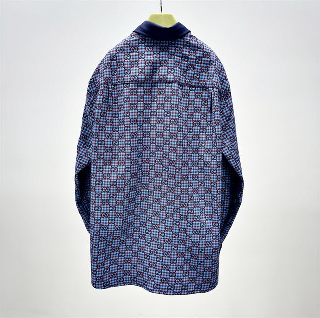 Gucci GG Jacquard Long Sleeve Shirt Sweaters – Navy-Violet Check