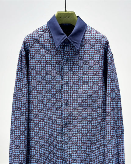 Gucci GG Jacquard Long Sleeve Shirt Sweaters – Navy-Violet Check