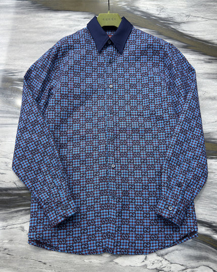 Gucci GG Jacquard Long Sleeve Shirt Sweaters – Navy-Violet Check