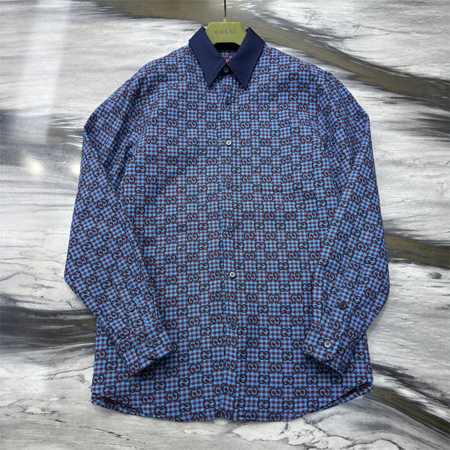 Gucci GG Jacquard Long Sleeve Shirt Sweaters – Navy-Violet Check