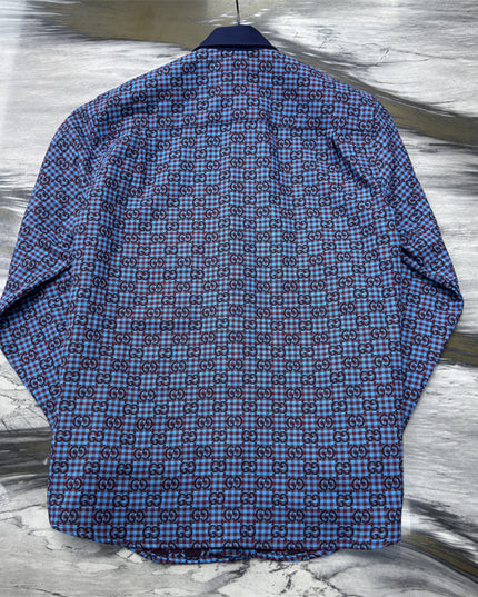Gucci GG Jacquard Long Sleeve Shirt Sweaters – Navy-Violet Check
