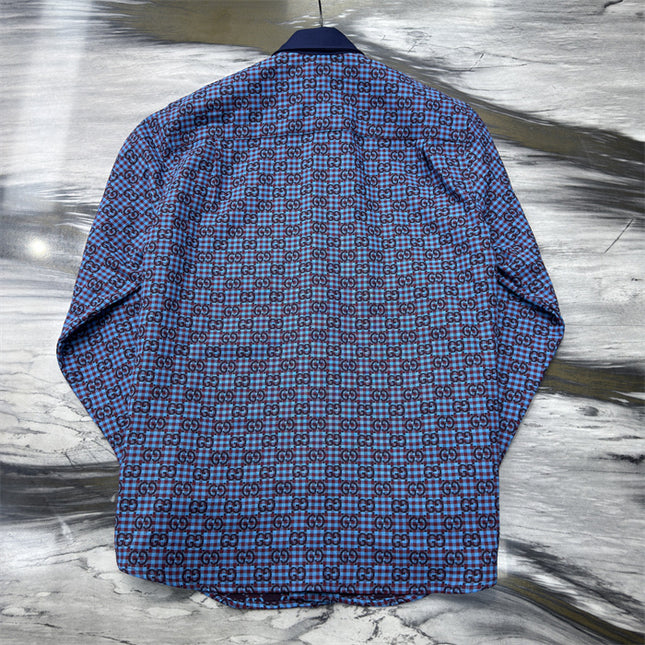 Gucci GG Jacquard Long Sleeve Shirt Sweaters – Navy-Violet Check