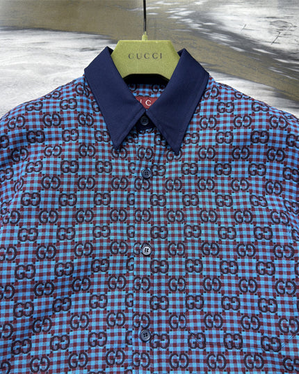 Gucci GG Jacquard Long Sleeve Shirt Sweaters – Navy-Violet Check