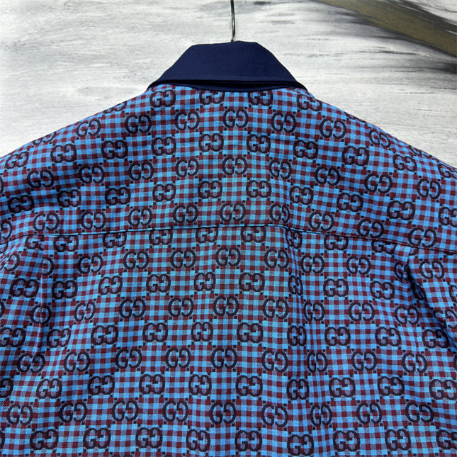 Gucci GG Jacquard Long Sleeve Shirt Sweaters – Navy-Violet Check