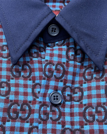 Gucci GG Jacquard Long Sleeve Shirt Sweaters – Navy-Violet Check