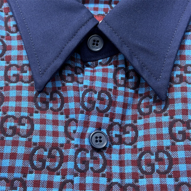 Gucci GG Jacquard Long Sleeve Shirt Sweaters – Navy-Violet Check