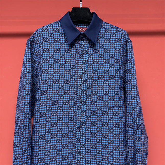 Gucci GG Jacquard Long Sleeve Sweaters Shirt – Blue & Black Check