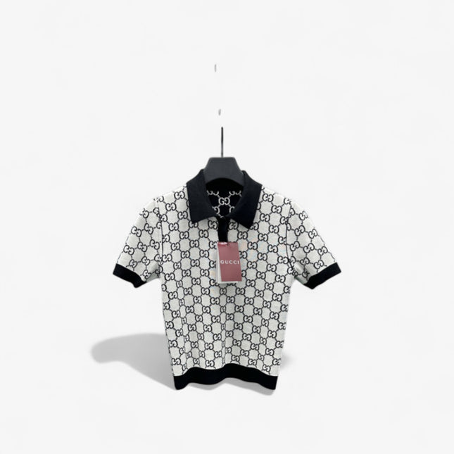 Gucci GG Jacquard Polo Shirt White Grey with Black Collar & Cuff Trim