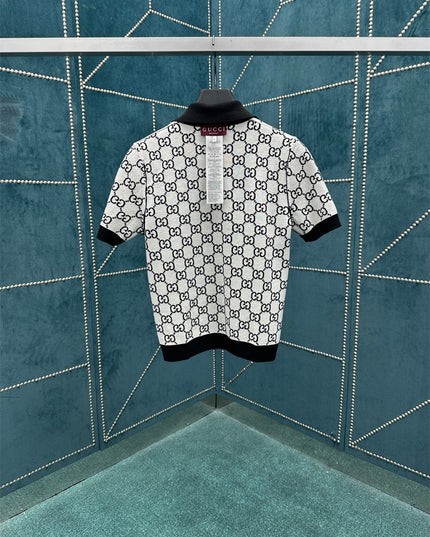 Gucci GG Jacquard Polo Shirt White Grey with Black Collar & Cuff Trim