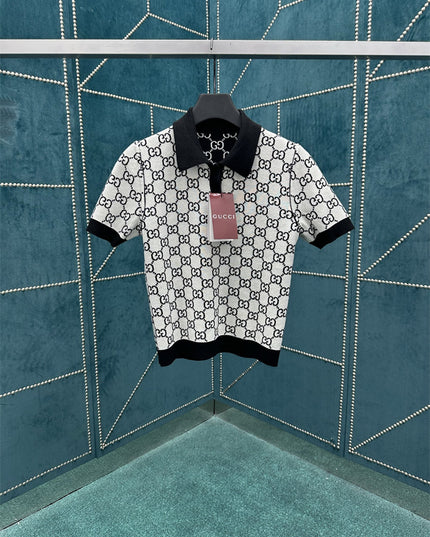 Gucci GG Jacquard Polo Shirt White Grey with Black Collar & Cuff Trim