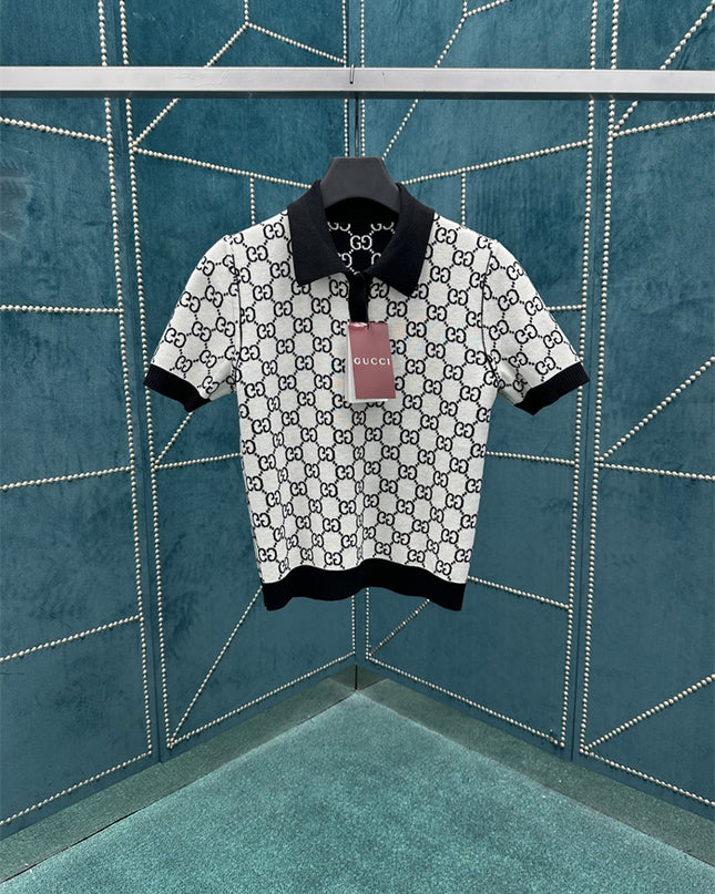 Gucci GG Jacquard Polo Shirt White Grey with Black Collar & Cuff Trim