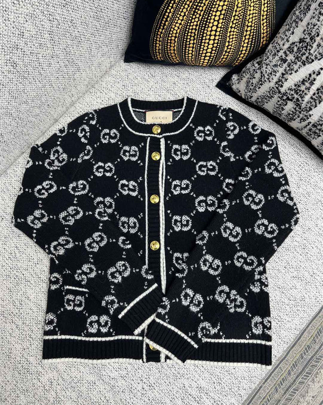 Gucci GG Jacquard Wool Cardigan – Black Jacket