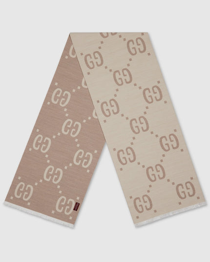 Gucci GG Jacquard Wool Silk Scarf – Ivory & Beige