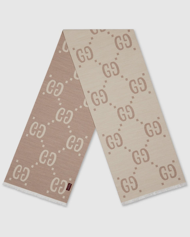 Gucci GG Jacquard Wool Silk Scarf – Ivory & Beige