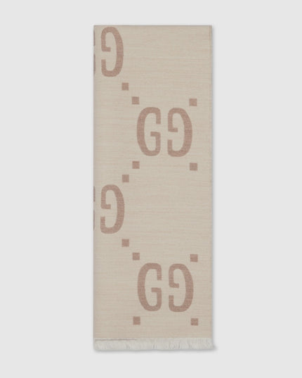 Gucci GG Jacquard Wool Silk Scarf – Ivory & Beige