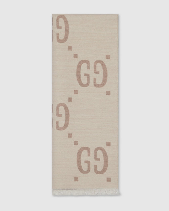 Gucci GG Jacquard Wool Silk Scarf – Ivory & Beige