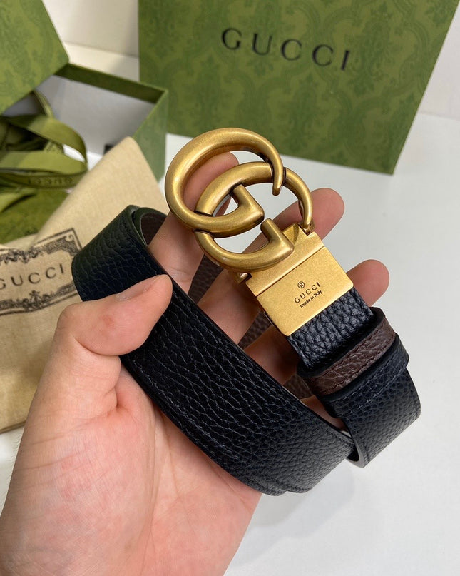 Gucci GG Marmont Reversible Thin Belt 643847 – Black & Brown Grained Leather