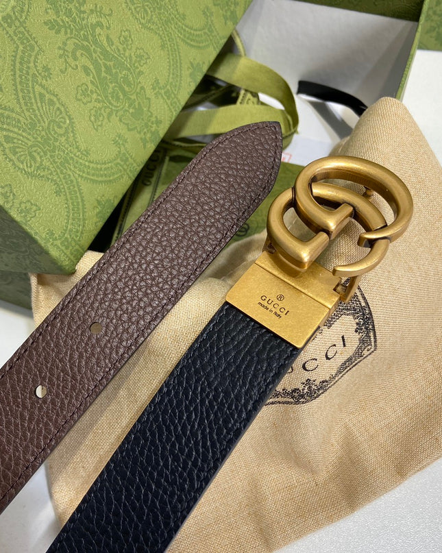 Gucci GG Marmont Reversible Thin Belt 643847 – Black & Brown Grained Leather