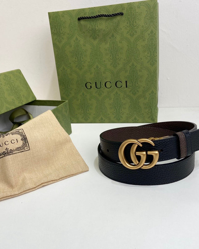 Gucci GG Marmont Reversible Thin Belt 643847 – Black & Brown Grained Leather