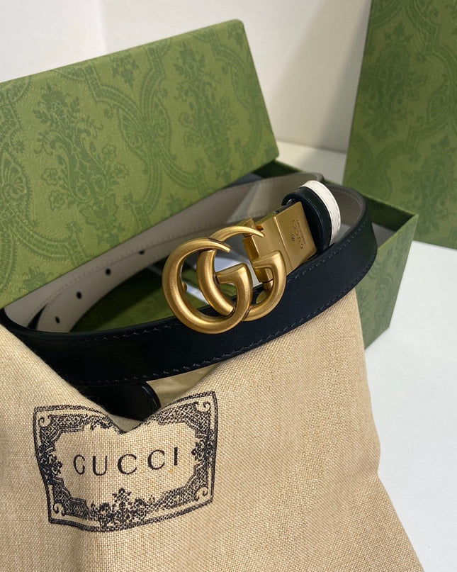 Gucci GG Marmont Reversible Thin Belt 659418 – White & Black Leather