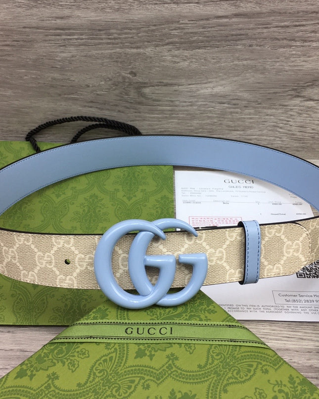 Gucci GG Marmont Wide Belt 400593 – Supreme Canvas with Pale Blue Leather