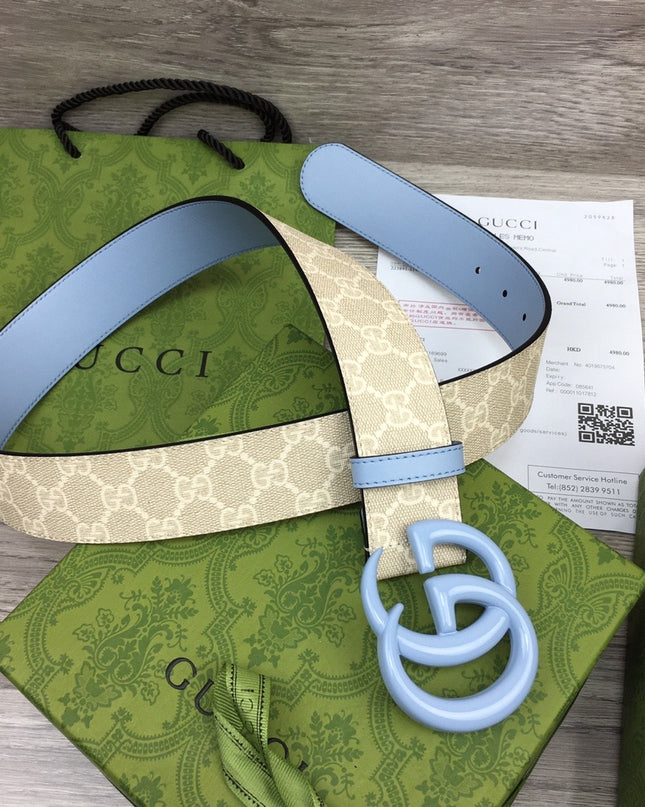 Gucci GG Marmont Wide Belt 400593 – Supreme Canvas with Pale Blue Leather