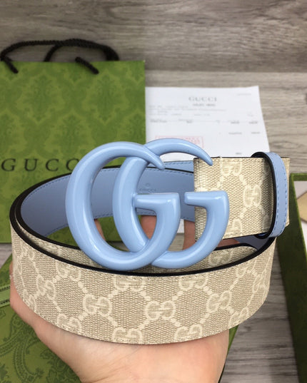 Gucci GG Marmont Wide Belt 400593 – Supreme Canvas with Pale Blue Leather
