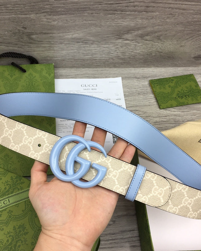 Gucci GG Marmont Wide Belt 400593 – Supreme Canvas with Pale Blue Leather