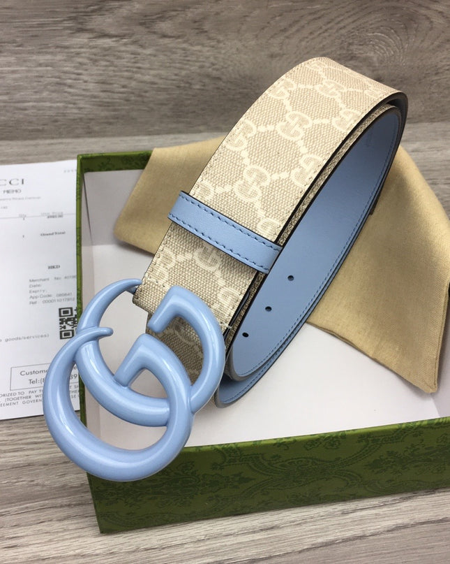 Gucci GG Marmont Wide Belt 400593 – Supreme Canvas with Pale Blue Leather