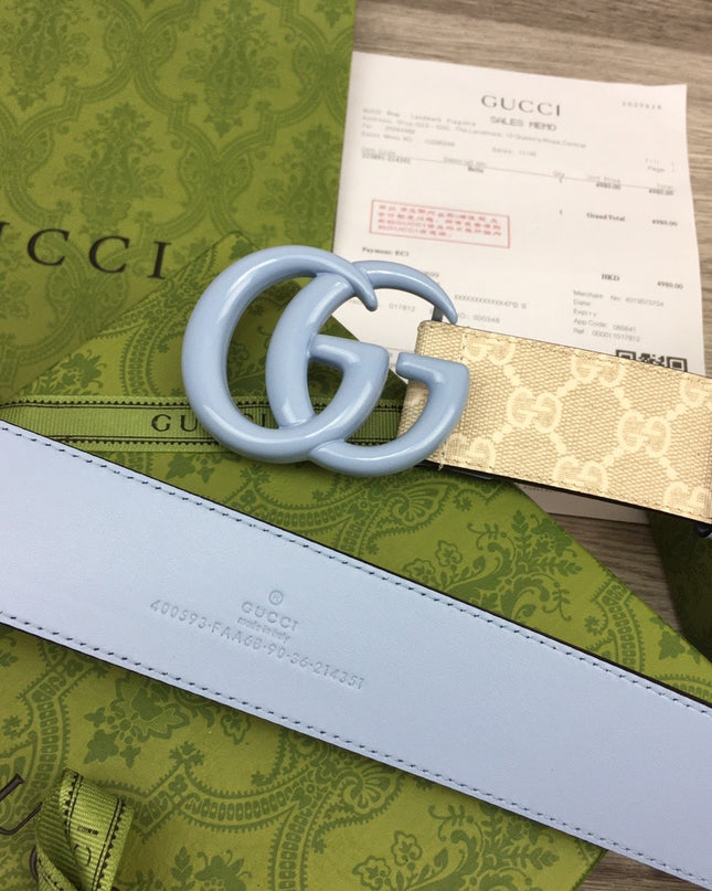 Gucci GG Marmont Wide Belt 400593 – Supreme Canvas with Pale Blue Leather