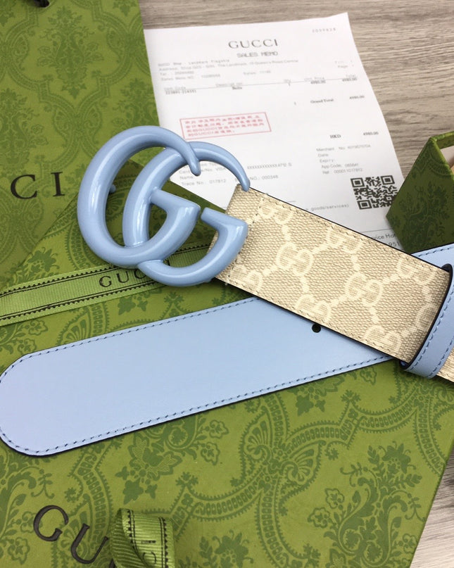 Gucci GG Marmont Wide Belt 400593 – Supreme Canvas with Pale Blue Leather